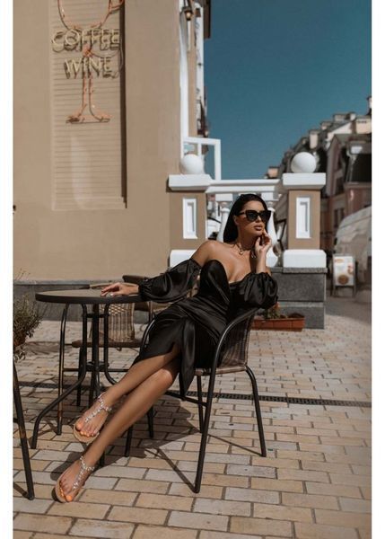 Sexy Black Satin Sheath Dress with Puffed Sleeves: Perfect Cocktail Length Bridesmaid & Wedding Guest Attire (S, black)