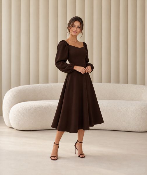 Classic chocolate midi cocktail dress with long sleeves (S, chocolate)