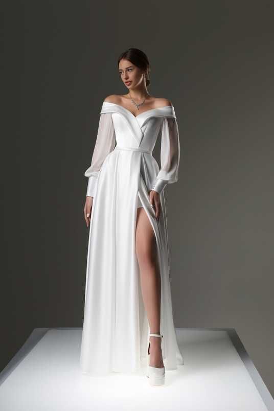 white dress with sheer sides White Satin Simple Sheer Back Beach Wedding Dresses With Side Slit, MW251