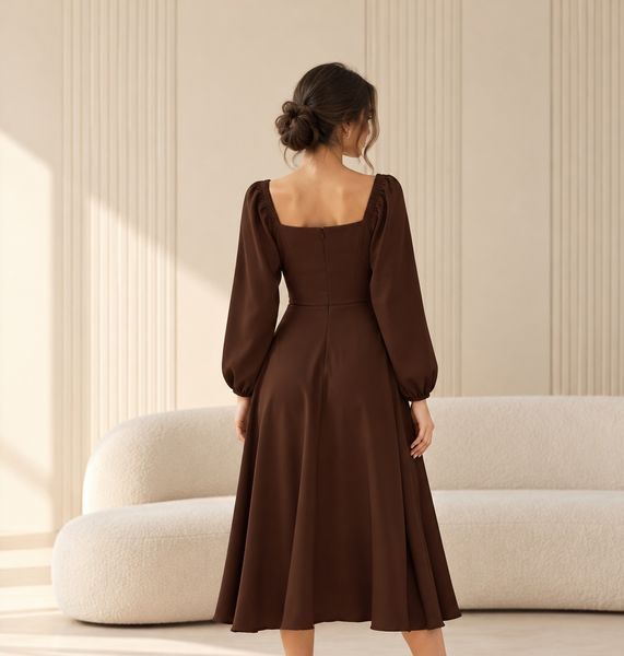 Classic chocolate midi cocktail dress with long sleeves (S, chocolate)