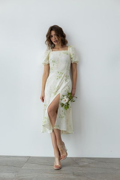 Summer dress with floral print midi length (S, off white)