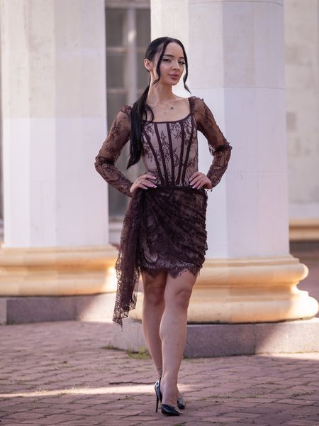 Коричнева корсетна сукня з мереживом та шнурівкою (S, Коричневий) BEZ-40-462-992 фото