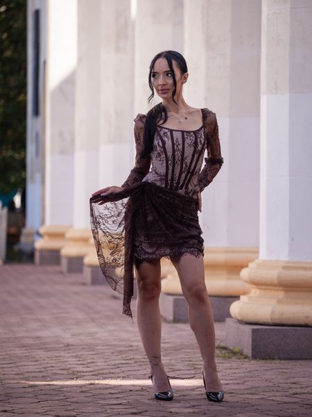 Коричнева корсетна сукня з мереживом та шнурівкою (S, Коричневий) BEZ-40-462-992 фото