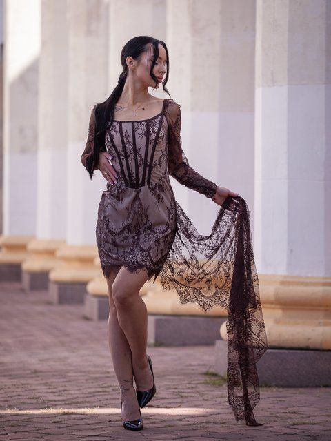 Brown Corset Dress With Lace And Lace-Up Back (S, brown)